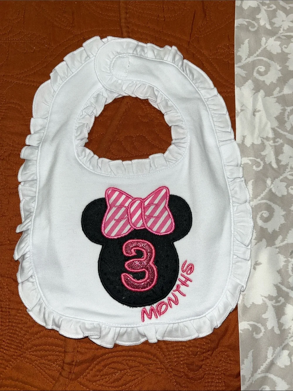 White Baby Bib with Pink Minnie Bow MONTHLY Embroidery